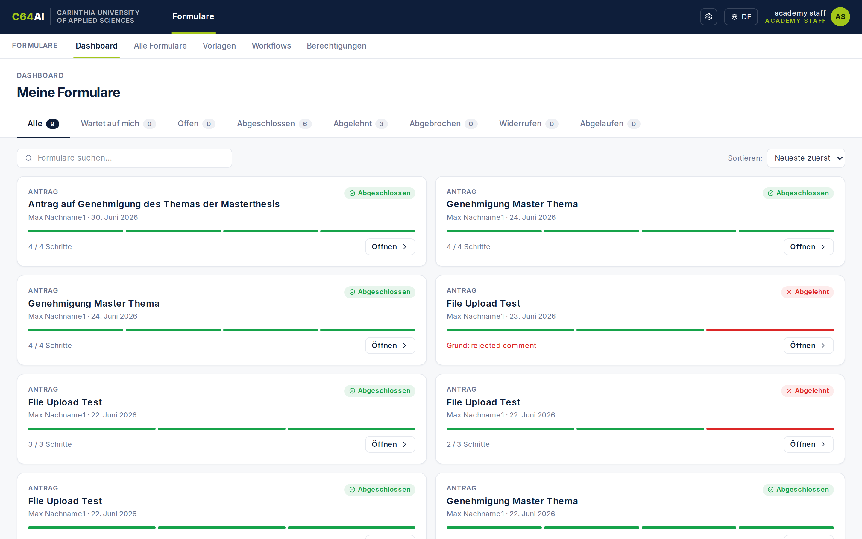 Dashboard mit der Übersicht „Meine Formulare“